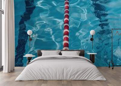 A pool with a blue background and red and white lane markers. The water is calm and clear, and the lane markers are visible in the water. Concept of relaxation and leisure, as people can swim Wall mural