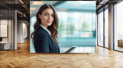 A professional woman holds a tablet computer, ready to work or communicate Wall mural