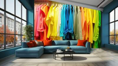 A rack of colorful clothes hanging in a store. The clothes are bright and vibrant, with a rainbow of colors. Scene is cheerful and lively, as the clothes seem to be inviting and fun to wear Wall mural