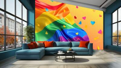 A rainbow flag with hearts scattered around it. The flag is a symbol of the LGBTQ community and the hearts represent love and support Wall mural