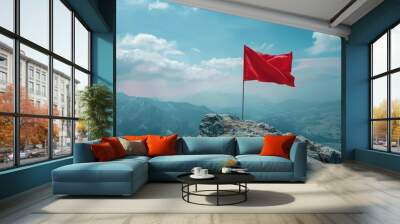 A red flag waving at the summit of a mountain Wall mural