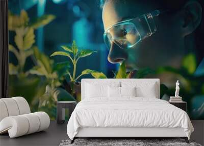 A scientist in a lab coat and goggles examines a plant, possibly for research or discovery purposes Wall mural