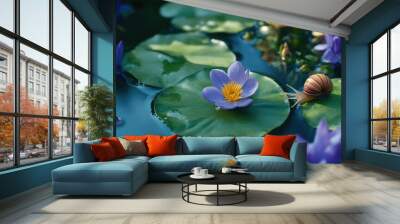 A serene setting with lilies, a snail on its path, and the tranquility of a water pond. A peaceful scene for relaxation. Wall mural