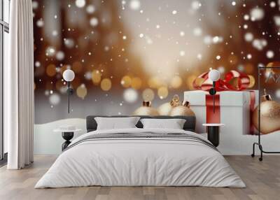 A small white gift box adorned with a red ribbon and three gold ornaments sits in the snow Wall mural