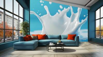 A splash of milk on a blue background. The splash is white and has a splashy, dynamic appearance Wall mural