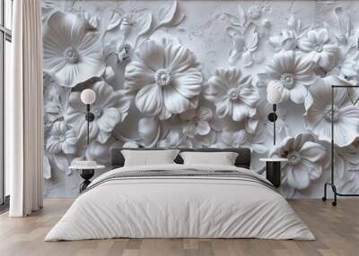 A textured, white floral decorative piece for walls, with a mosaic-like quality. Perfect as home decor. Wall mural