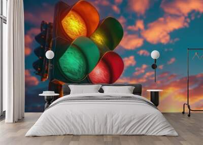 A traffic light in a city at sunset, with the warm glow of the sky reflected on the clouds. Wall mural