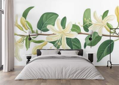 A white flower with green leaves is shown in a line. The flowers are arranged in a way that they are all facing the same direction. The image has a serene and peaceful mood Wall mural