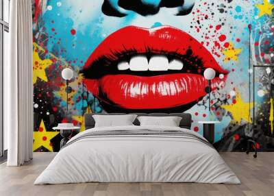 A woman's lips are painted red and blue with stars in the background Wall mural