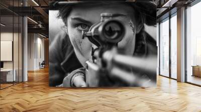 A woman is holding a gun and looking through the scope. Concept of danger and war Wall mural