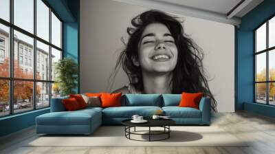 A woman with long hair is smiling and looking at the camera. The image has a warm and friendly mood, conveying a sense of happiness and contentment Wall mural