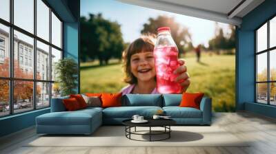 A young girl is holding a bottle of pink lemonade in a park. She is smiling and she is enjoying the drink Wall mural