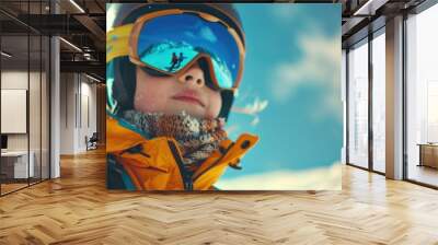 A young girl wearing a yellow jacket and goggles is looking at the camera. Concept of adventure and excitement, as the girl is likely preparing for a day of skiing or snowboarding Wall mural