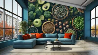 An assortment of fresh produce in a bustling market, showcasing the variety and health benefits. Wall mural