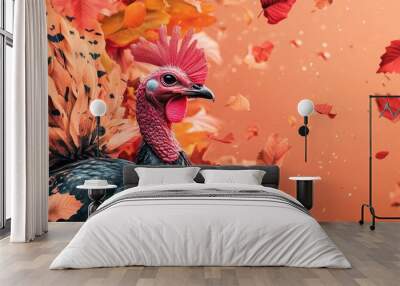 Autumn scene with turkey in the foreground, surrounded by a scattering of fall leaves in hues of red and gold. Wall mural