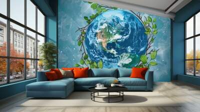 Beautiful blue and green planet with a wreath of leaves surrounding it. The leaves are vibrant and lush, creating a sense of life and vitality. The planet itself is a striking contrast to the leaves Wall mural