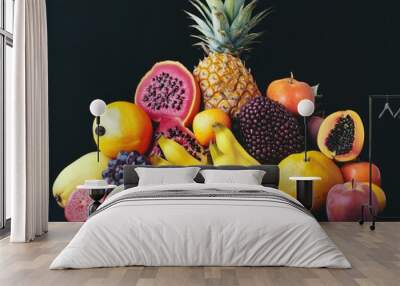 Bowl filled with a variety of vibrant fruits such as oranges, bananas, and strawberries. A healthy and colorful arrangement. Wall mural