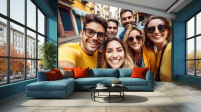 Cheerful group of young and vibrant individuals come together to capture a joyful moment with a selfie. Portrays friendship, camaraderie, and the spirit of togetherness in modern social interactions. Wall mural