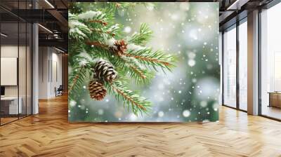 Close-up image of pine tree branch with two pine cones. This picture can be used to depict nature, forestry, or holiday themes Wall mural