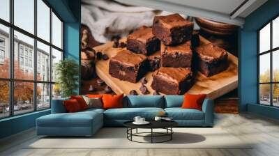 delectable spread of brownies arranged on table alongside fresh apples and variety of nuts. Wall mural