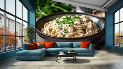 delicious chicken and pasta dish placed on sleek gray background, composition exudes warmth and comfort, with rich tones accompanying ingredients Wall mural