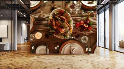 Dinner table set for a Thanksgiving meal with turkey, vegetables, pies and wine. Wall mural