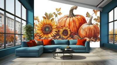 Fall autumn harvest pumpkins sunflowers leaves decorative seasonal thanksgiving festive decor Wall mural