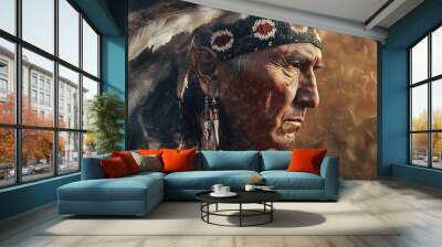 Indigenous portrait of a Native American in ceremonial attire, representing heritage and cultural symbolism. Wall mural