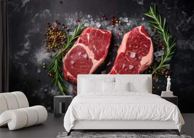 large steaks placed on top of ice, accompanied by rosemary, green onions, and sage. freshness and appetizing nature. Juicy and succulent adorned with aromatic herbs look inviting and mouthwatering. Wall mural