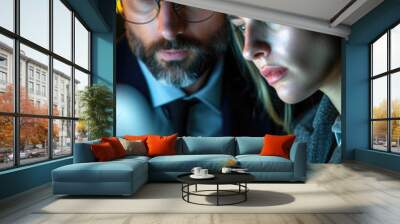 Man and woman are looking at computer screen Wall mural