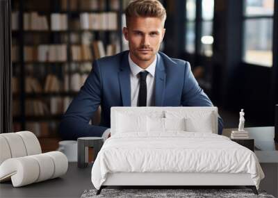 Man in suit and tie sits at desk with cup of coffee and stack of papers. He is focused and professional, possibly preparing for meeting or working on project Wall mural