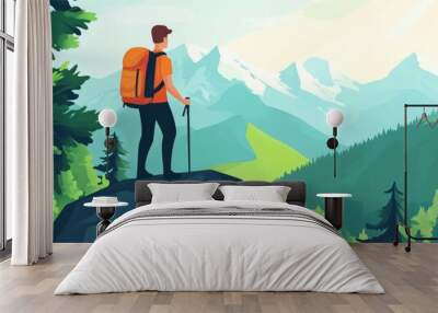 Man is standing on a mountain top with a backpack and a walking stick. The scene is peaceful and serene, with the man looking out over the beautiful landscape. Concept of adventure and exploration Wall mural