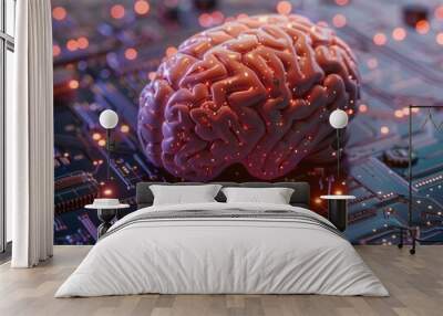 Modern concept of artificial intelligence and neuroscience with human brain on top of printed circuit board Wall mural