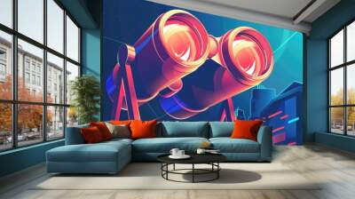 Nighttime urban scene with telescope and stars. Wall mural