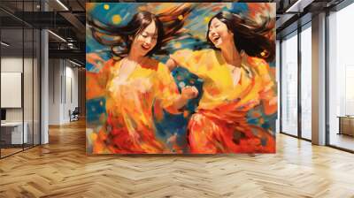 painting that shows two women dancing in colorful dresses. The background is done in bright colors, creating a festive and positive mood. Wall mural