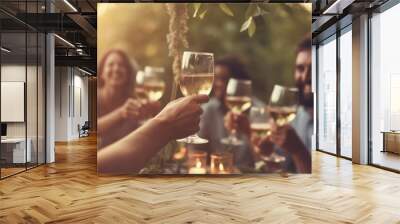 person holding a glass of champagne in front of golden bokeh lights. background is light and blurred, festive and celebratory feel. festive mood, luxury, and sophistication Wall mural