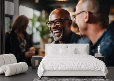 Picture of man wearing suit and glasses, laughing. This image can be used to depict joy, happiness, or humor in various professional settings Wall mural