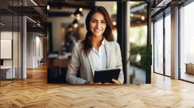 Portrait of elegant businesswoman standing in cafe while confidently holding tablet device. Wall mural