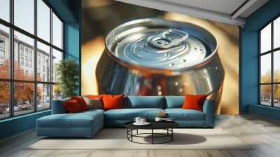 Reflection of open aluminum soda can on metallic surface, symbolizing refreshment and summertime thirst quenching. Wall mural