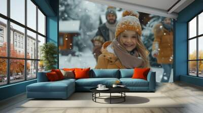 Smiling children and adults in snow gear enjoying winter outdoors. Wall mural