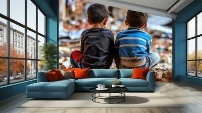 Two boys sitting on a wall, one wearing a black shirt and the other wearing a blue and white striped shirt Wall mural