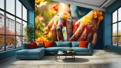 Two children with colorful hands are holding flowers. The children are wearing blue and yellow clothes Wall mural