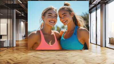 Two fit women smiling at the camera. Wall mural