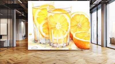 Two glasses of orange juice with a slice of orange on the table Wall mural