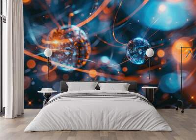 Two glowing spheres are suspended in a blue and orange background. The spheres are surrounded by a web of lines and dots, creating a sense of movement and energy. Scene is one of wonder and curiosity Wall mural