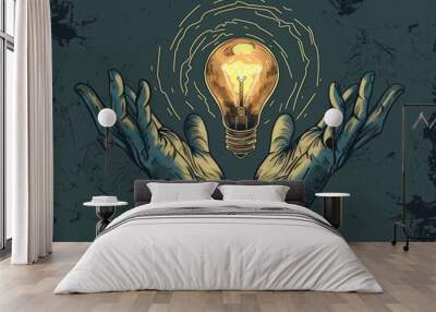 Two hands hold a lit light bulb overhead Wall mural