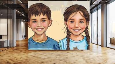 Two happy young children smiling for the camera. A cheerful portrait with a colorful and artistic touch. Wall mural