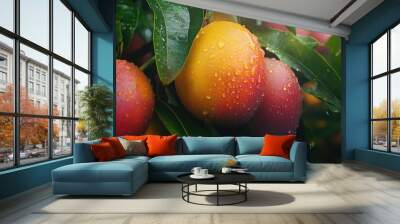 Two juicy oranges on a plate. Refreshing orange drink. Wall mural