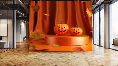 Two pumpkins with smiling faces are on a gold pedestal in front of orange leaves. The scene is set in a Halloween-themed environment Wall mural