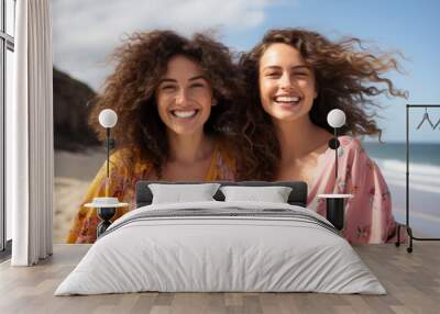 Two women with curly hair and floral dresses are smiling Wall mural